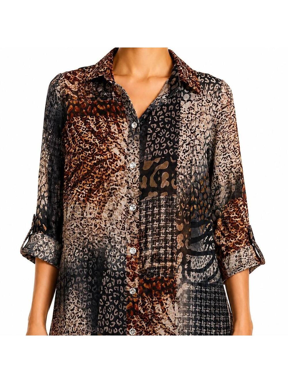 Animal Print Patchwork Sheer Tunic Blouse – Nygard Size Large